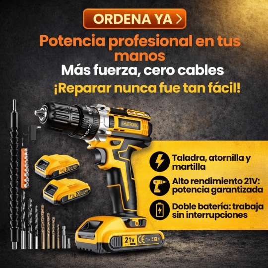 Taladro Rotomartillo de Alta Potencia con 2 Baterías Recargables - 3 en 1: Taladro, Martillo y Destornillador